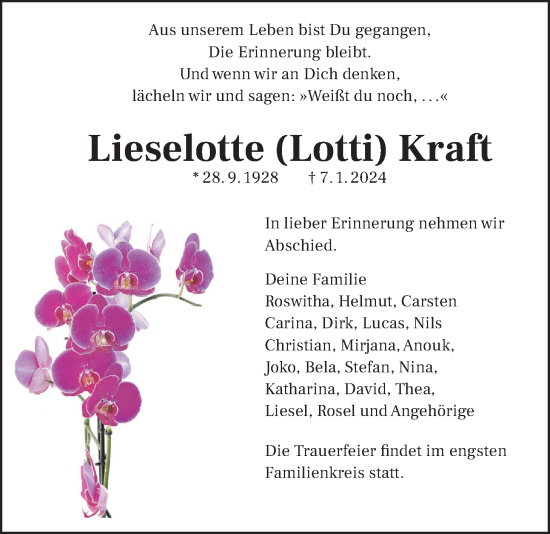 Traueranzeige von Lieselotte Kraft von Giessener Allgemeine, Alsfelder Allgemeine