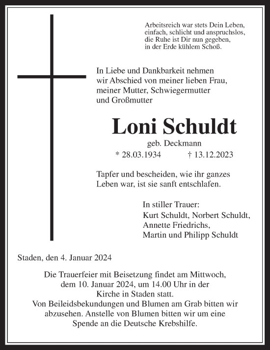 Traueranzeige von Loni Schuldt von Wetterauer Zeitung