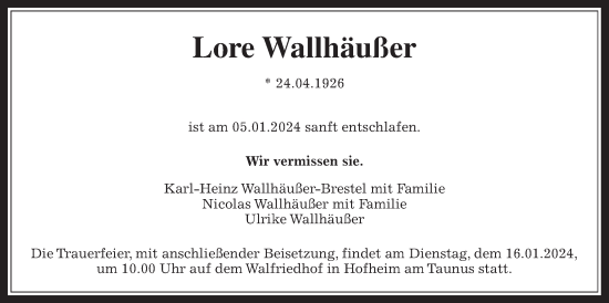 Traueranzeige von Lore Wallhäußer 