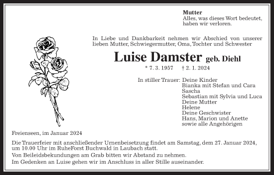 Traueranzeige von Luise Damster von Laubacher Anzeiger