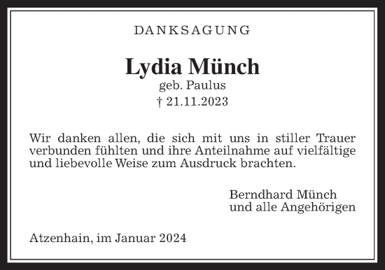 Traueranzeige von Lydia Münch von Giessener Allgemeine, Alsfelder Allgemeine