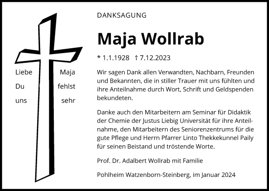 Traueranzeige von Maja Wollrab von Pohlheimer Nachrichten, Pohlheimer Nachrichten