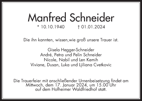 Traueranzeige von Manfred Schneider 