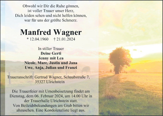 Traueranzeige von Manfred Wagner von Kreis-Anzeiger
