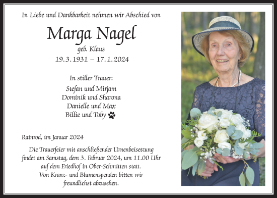 Traueranzeige von Marga Nagel von Kreis-Anzeiger