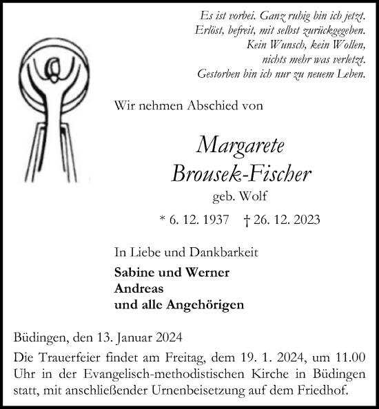 Traueranzeige von Margarete Brousek-Fischer von Kreis-Anzeiger