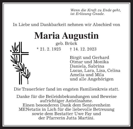 Traueranzeige von Maria Augustin von Pohlheimer Nachrichten