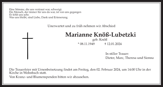 Traueranzeige von Marianne Knöß-Lubetzki von Wetterauer Zeitung