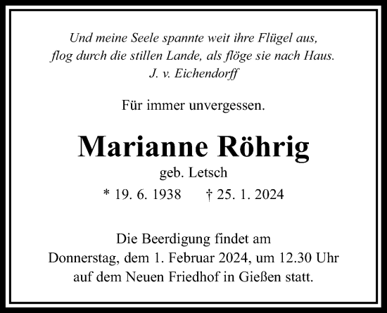 Traueranzeige von Marianne Röhrig von Giessener Allgemeine, Alsfelder Allgemeine