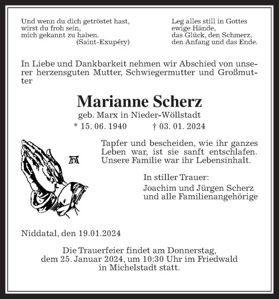 Traueranzeige von Marianne Scherz von Wetterauer Zeitung