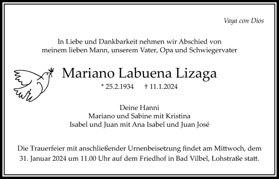 Traueranzeige von Mariano Labuena Lizaga von Bad Vilbel/Karben