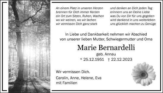 Traueranzeige von Marie Bernardelli von Wetterauer Zeitung