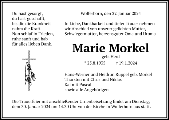Traueranzeige von Marie Morkel von Kreis-Anzeiger