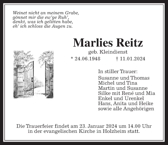 Traueranzeige von Marlies Reitz von Pohlheimer Nachrichten, Pohlheimer Nachrichten