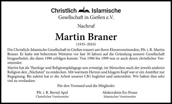 Traueranzeige von Martin Braner von Giessener Anzeiger