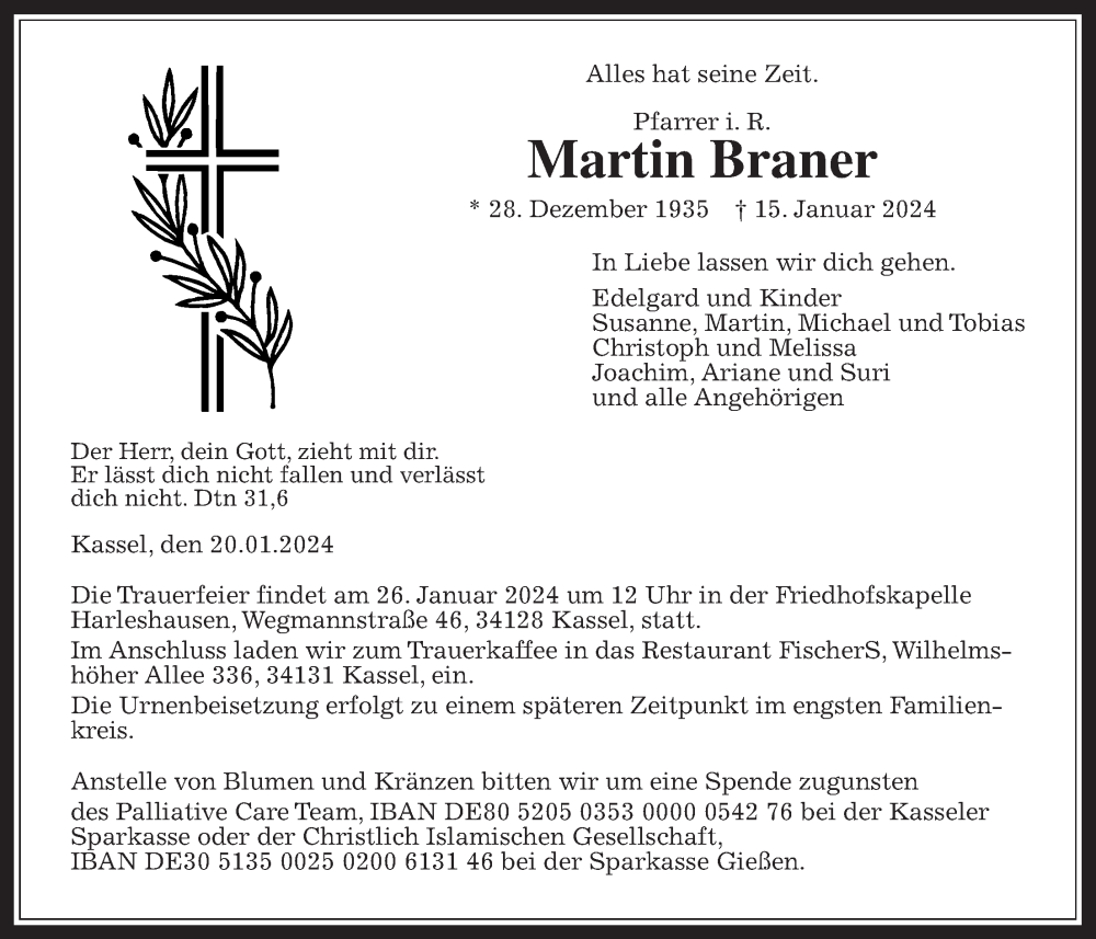  Traueranzeige für Martin Braner vom 20.01.2024 aus Giessener Anzeiger