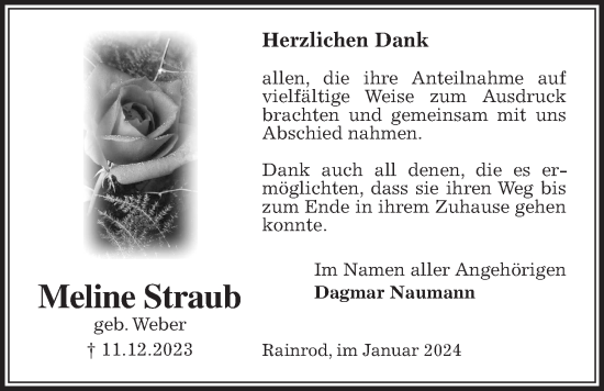 Traueranzeige von Meline Straub von Kreis-Anzeiger