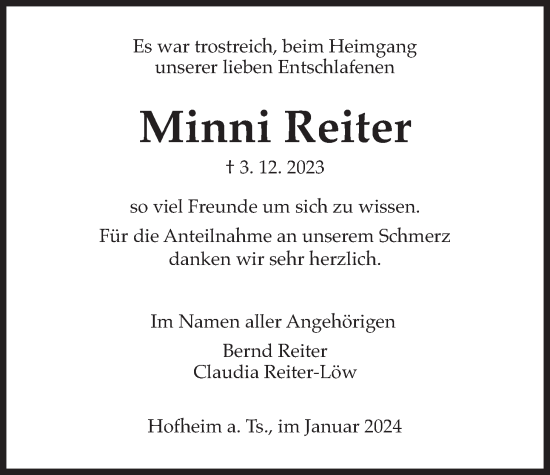 Traueranzeige von Minni Reiter 