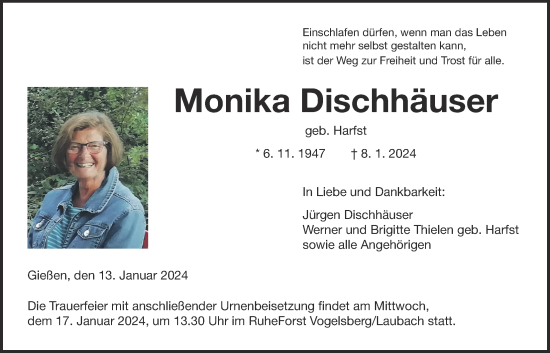Traueranzeige von Monika Dischhäuser von Giessener Anzeiger, Giessener Allgemeine, Alsfelder Allgemeine