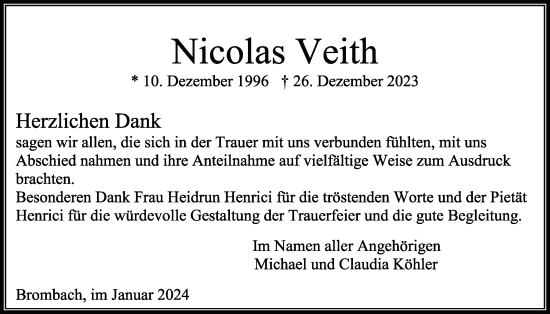 Traueranzeige von Nicolas Veith 