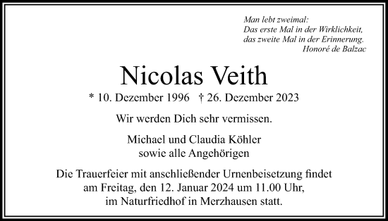 Traueranzeige von Nicolas Veith von Usinger Anzeiger