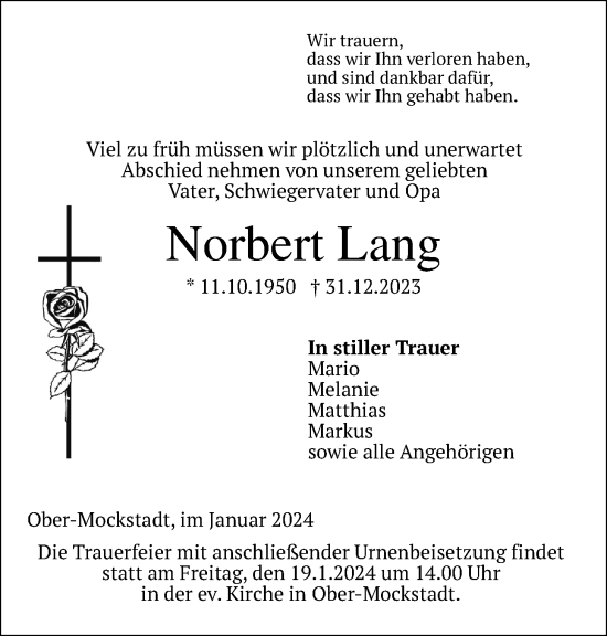Traueranzeige von Norbert Lang von Wetterauer Zeitung, Kreis-Anzeiger