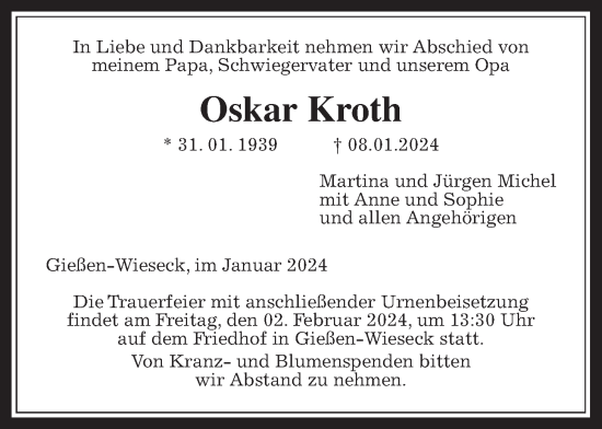 Traueranzeige von Oskar Kroth von Giessener Allgemeine, Alsfelder Allgemeine, Giessener Anzeiger