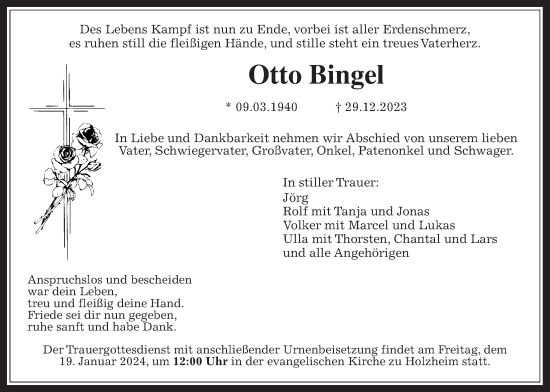 Traueranzeige von Otto Bingel von Pohlheimer Nachrichten