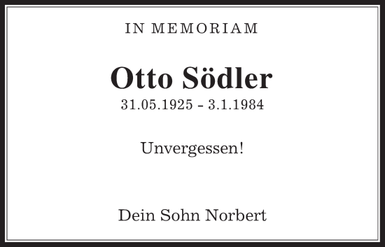 Traueranzeige von Otto Södler von Alsfelder Allgemeine