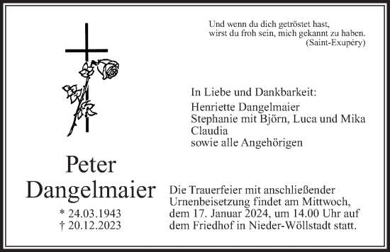 Traueranzeige von Peter Dangelmaier von Wetterauer Zeitung