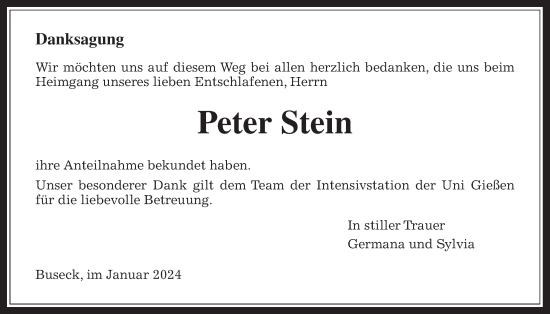 Traueranzeige von Peter Stein von Giessener Allgemeine, Alsfelder Allgemeine, Giessener Anzeiger