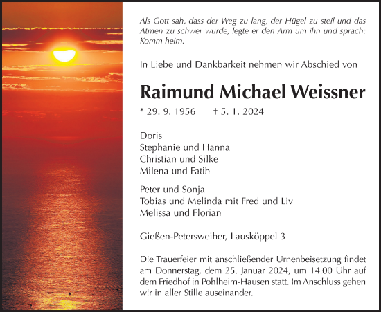 Traueranzeige von Raimund Michael Weissner von Giessener Allgemeine, Alsfelder Allgemeine, Giessener Anzeiger