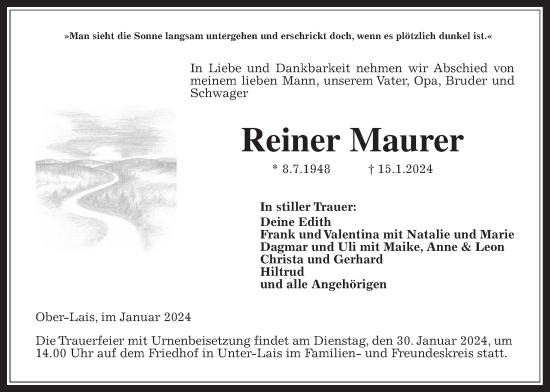 Traueranzeige von Reiner Maurer von Kreis-Anzeiger