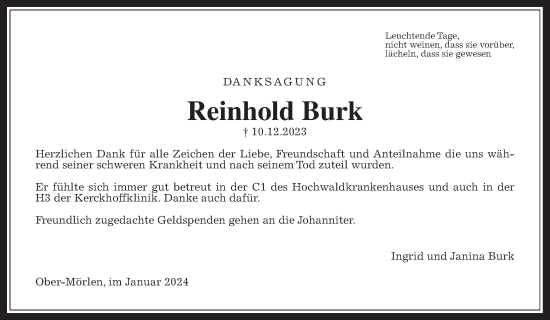 Traueranzeige von Reinhold Burk von Wetterauer Zeitung