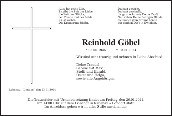Traueranzeige von Reinhold Göbel von Giessener Allgemeine, Alsfelder Allgemeine