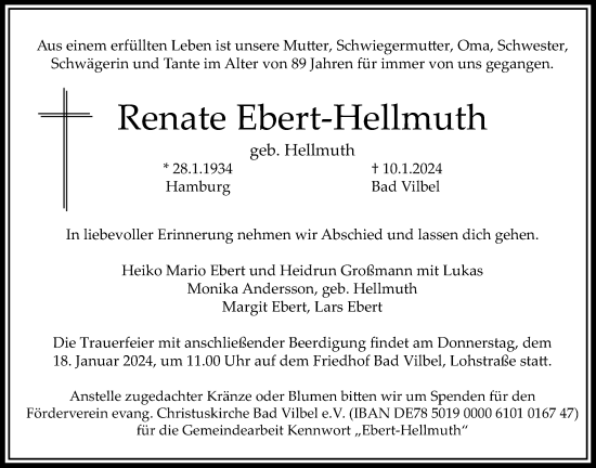 Traueranzeige von Renate Ebert-Hellmuth von Bad Vilbel/Karben