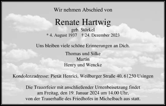 Traueranzeige von Renate Hartwig von Usinger Anzeiger