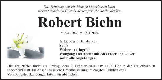 Traueranzeige von Robert Biehn von Kreis-Anzeiger