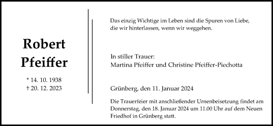Traueranzeige von Robert Pfeiffer von Heimatzeitung Grünberg + Laubach