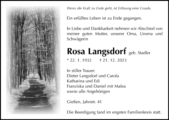 Traueranzeige von Rosa Langsdorf von Giessener Anzeiger, Giessener Allgemeine, Alsfelder Allgemeine