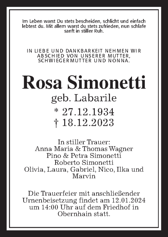 Traueranzeige von Rosa Simonetti von Wetterauer Zeitung, Giessener Allgemeine, Alsfelder Allgemeine, Usinger Anzeiger