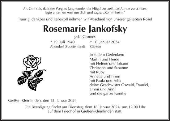Traueranzeige von Rosemarie Jankofsky von Giessener Allgemeine, Alsfelder Allgemeine