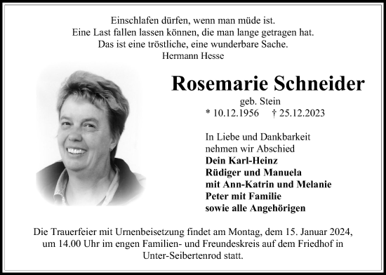 Traueranzeige von Rosemarie Schneider von Giessener Allgemeine, Alsfelder Allgemeine