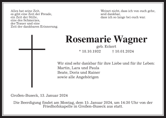 Traueranzeige von Rosemarie Wagner von Giessener Anzeiger, Giessener Allgemeine, Alsfelder Allgemeine