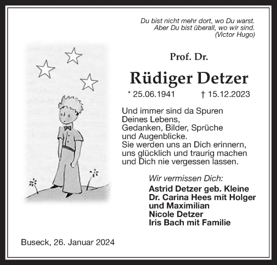 Traueranzeige von Rüdiger Detzer von Giessener Allgemeine, Alsfelder Allgemeine