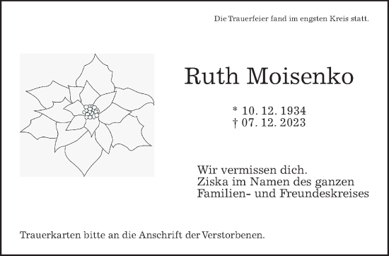 Traueranzeige von Ruth Moisenko von Giessener Allgemeine, Alsfelder Allgemeine, Wetterauer Zeitung