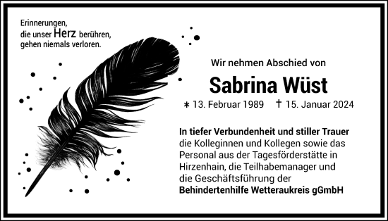 Traueranzeige von Sabrina Wüst von Kreis-Anzeiger