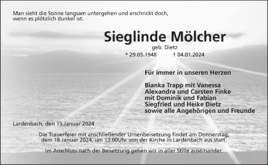 Traueranzeige von Sieglinde Mölcher von Giessener Allgemeine, Alsfelder Allgemeine