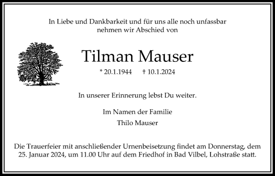 Traueranzeige von Tilman Mauser von Bad Vilbel/Karben