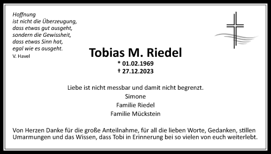 Traueranzeige von Tobias  Riedel von Giessener Allgemeine, Alsfelder Allgemeine, Giessener Anzeiger